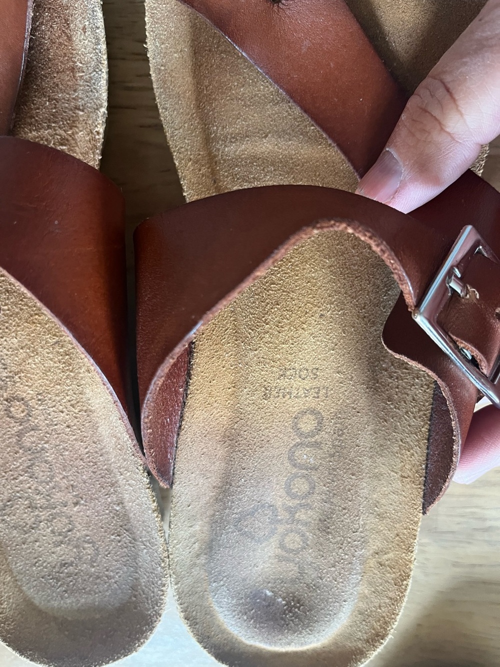 Women’s Cognac Leather Slide Sandals with Buckle